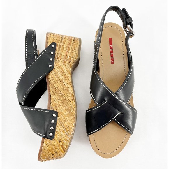 Prada Shoes - PRADA SPORT Black Leather Crossover Espadrille Platform Sandals~8.5